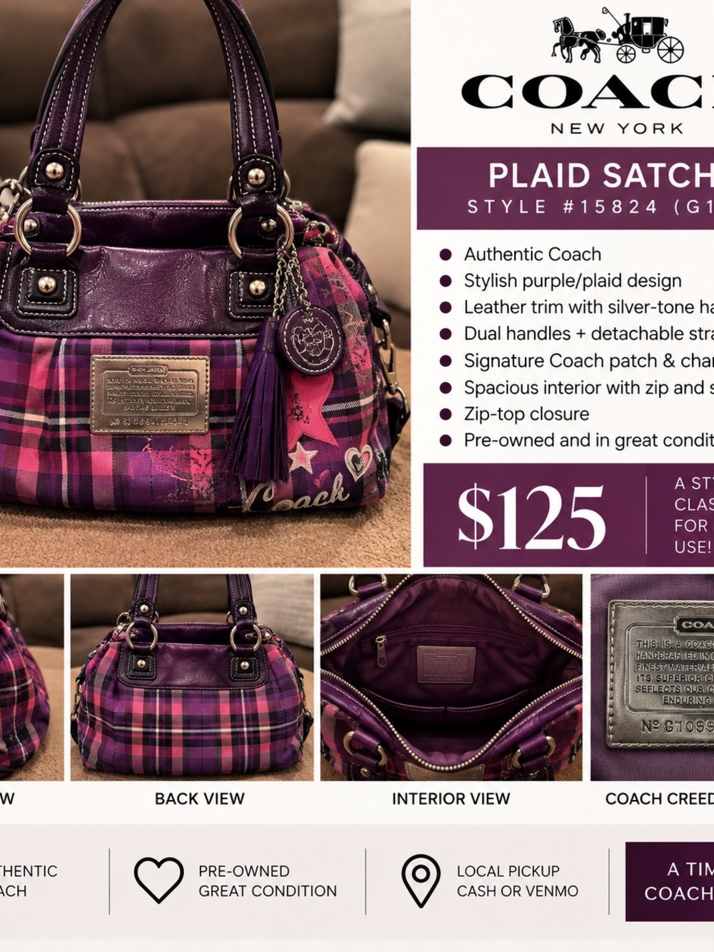 Coach Purple and Pink Plaid Satchel with Leather Trim